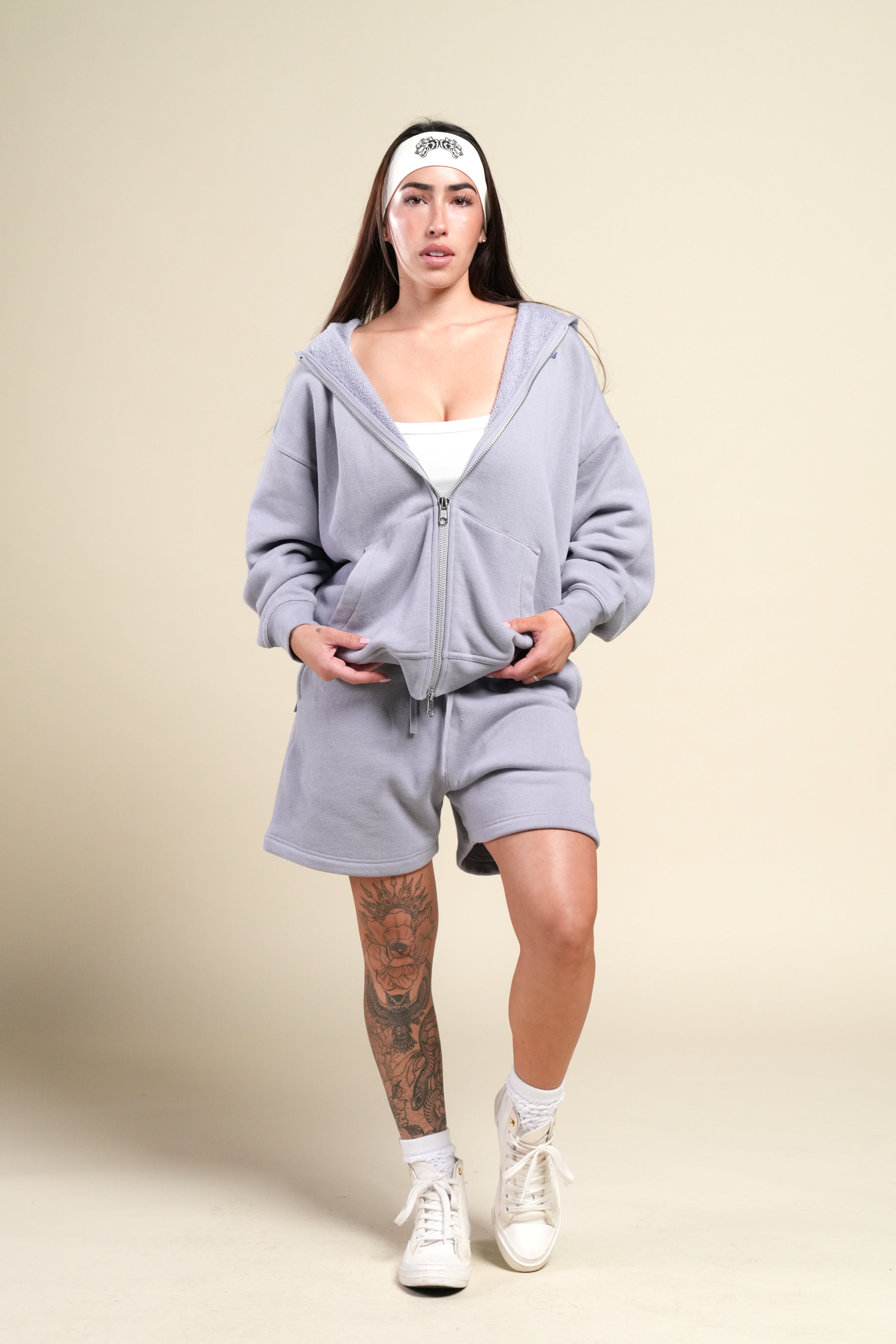 Cursive Wolves "Anya" Premium Double Zip Hoodie in Sport Gray