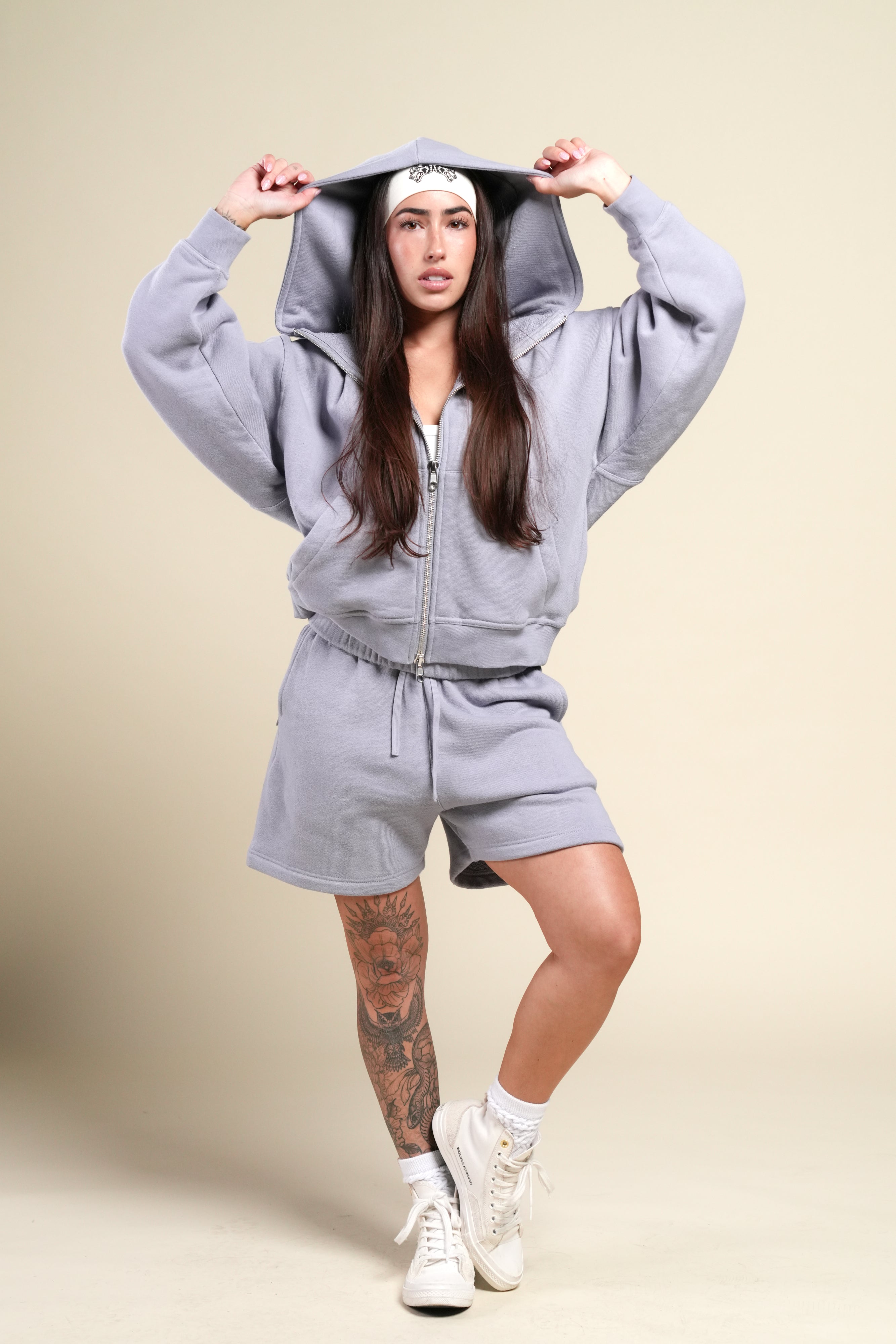 Cursive Wolves "Anya" Premium Double Zip Hoodie in Sport Gray