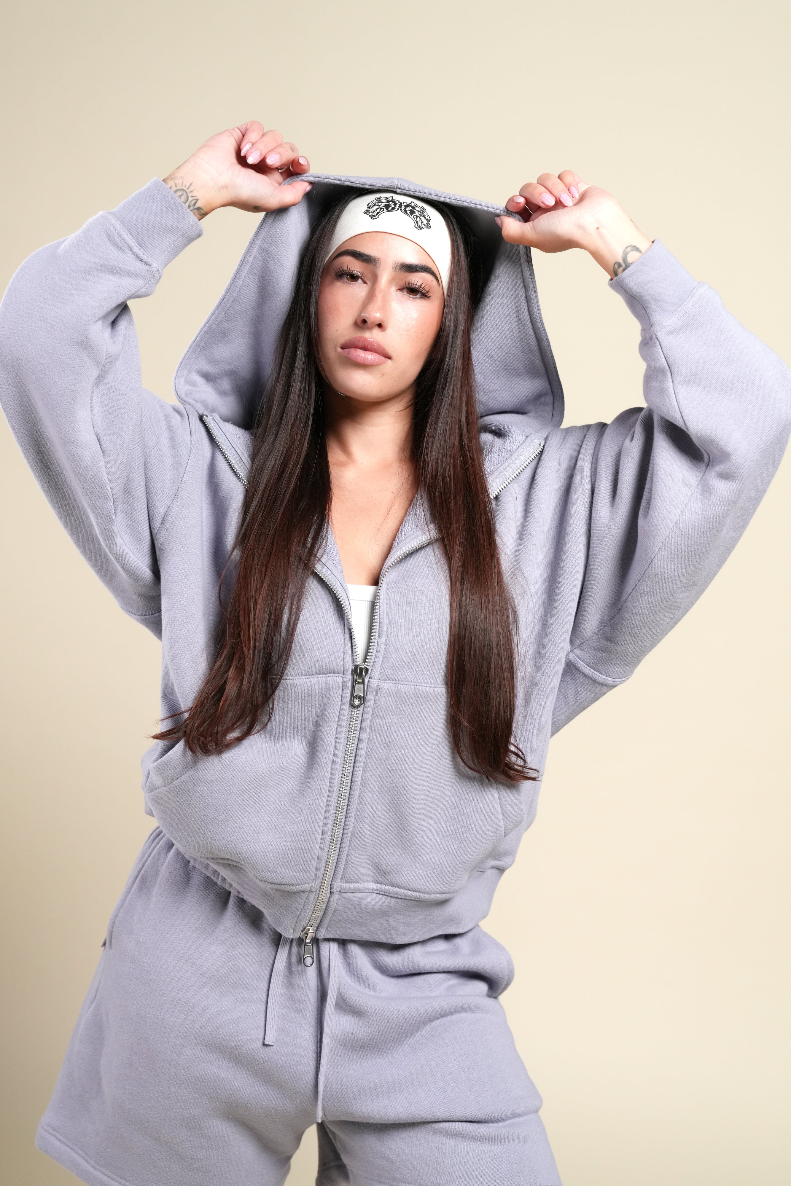 Cursive Wolves "Anya" Premium Double Zip Hoodie in Sport Gray