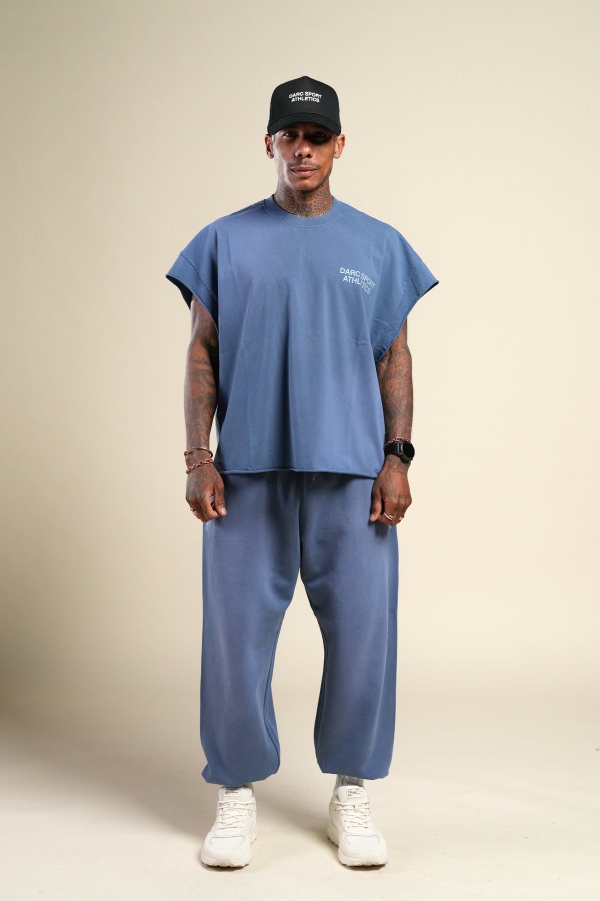 Darc Sport Athletics Grunge Cut-Off Tee in Washed Denim Sunfade