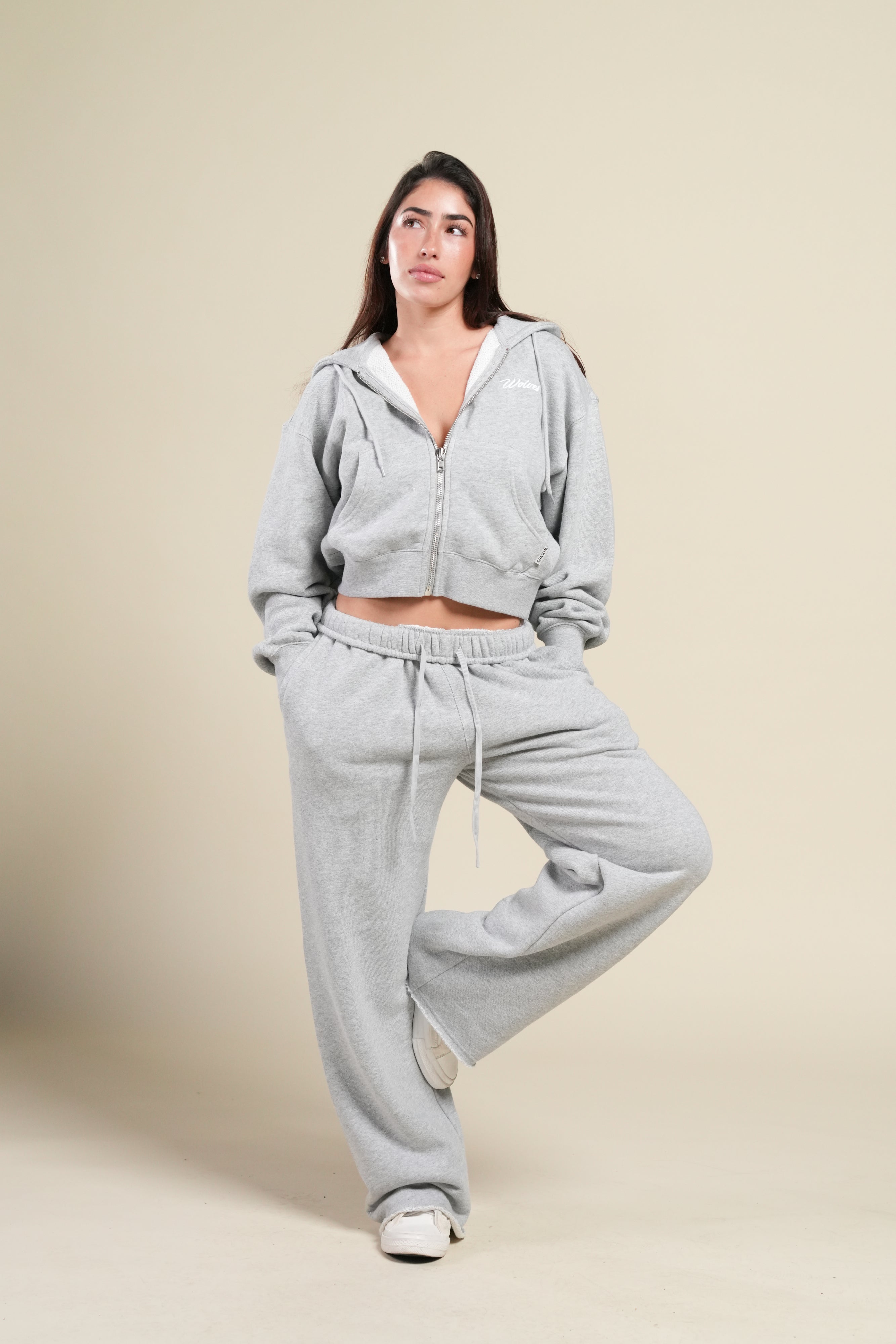 Cursive Wolves "Sage" Cropped Zip Hoodie in Heather Gray