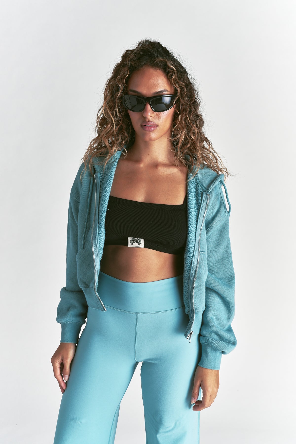 Cursive Wolves "Sage" Cropped Zip Hoodie in Dusty Turquoise