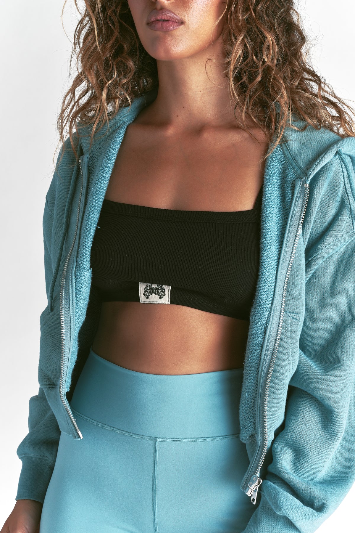 Cursive Wolves "Sage" Cropped Zip Hoodie in Dusty Turquoise