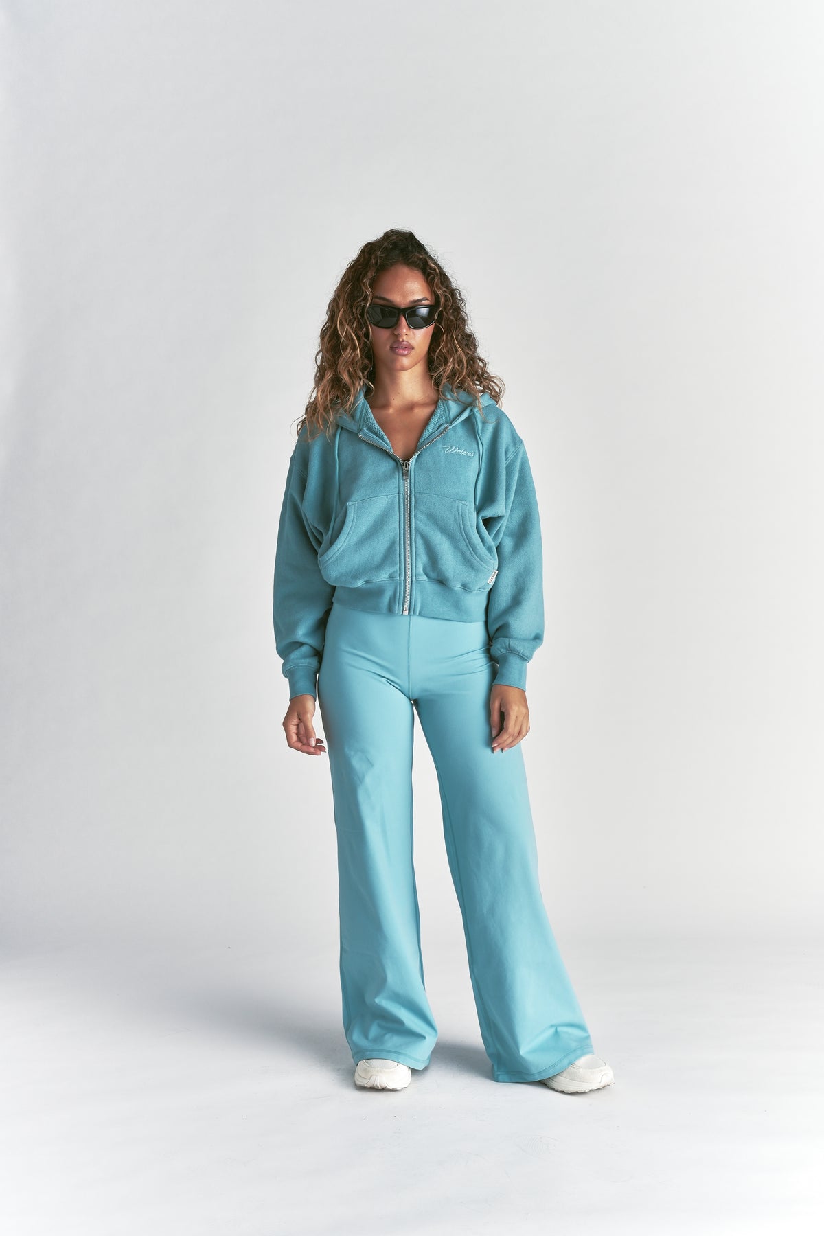 Cursive Wolves "Sage" Cropped Zip Hoodie in Dusty Turquoise