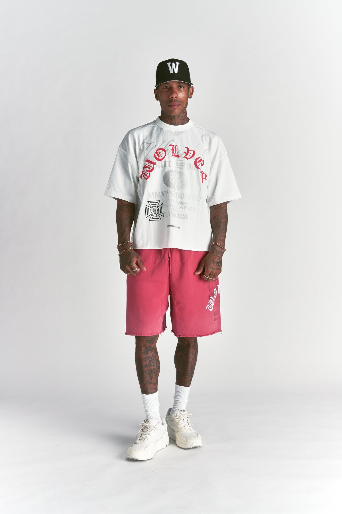 Ohana Wolves Club Grunge Raw Hem Mid Length Tee in Cream