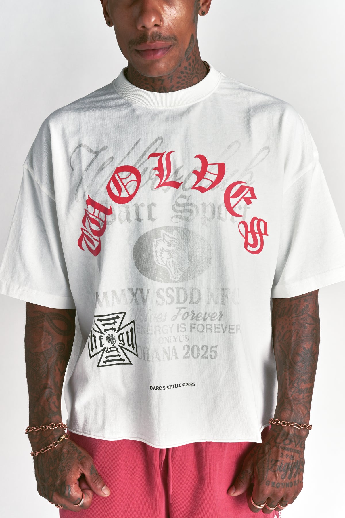 Ohana Wolves Club Grunge Raw Hem Mid Length Tee in Cream
