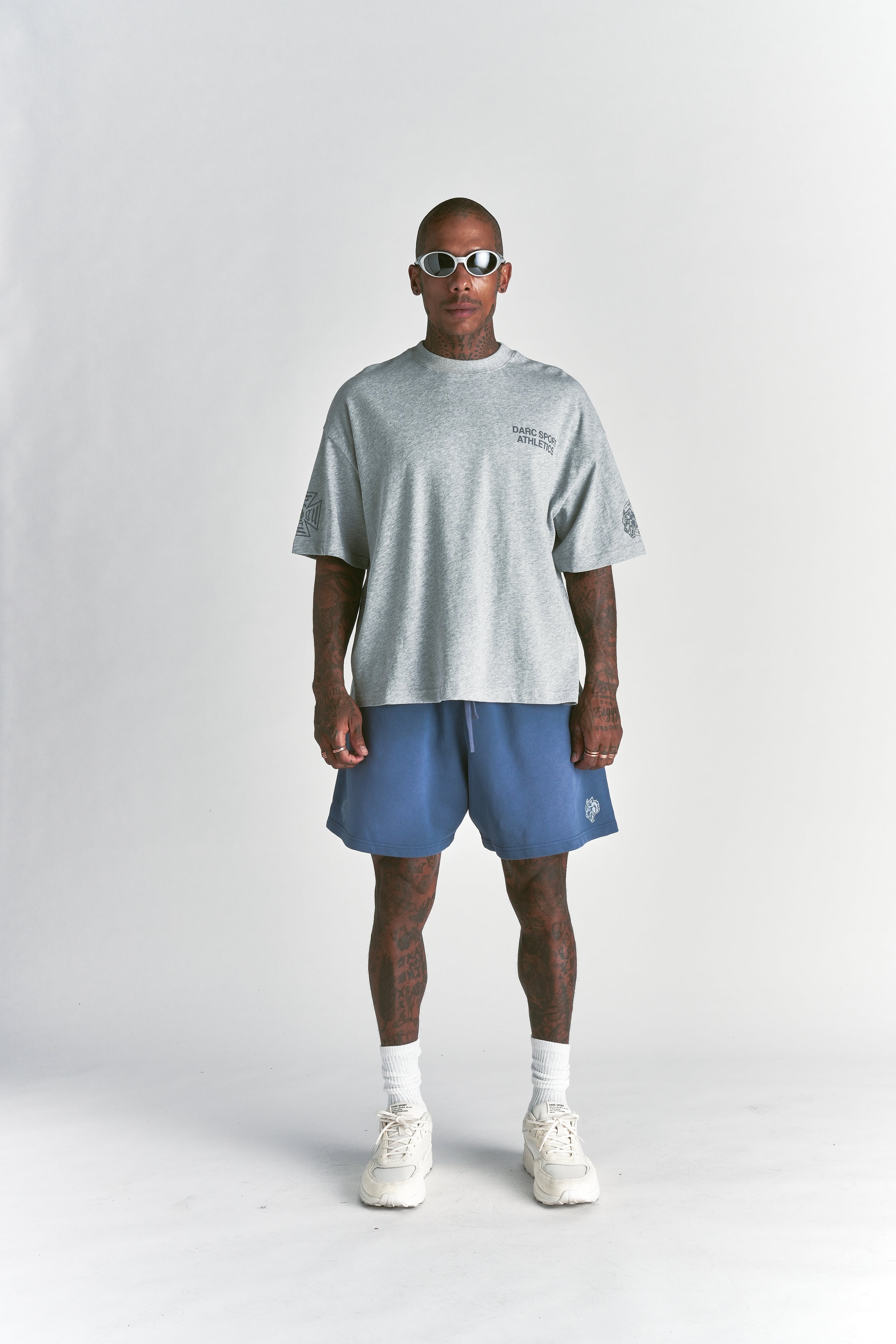 Dual Oversized Post Lounge Sweat Shorts in Washed Denim Sun Fade