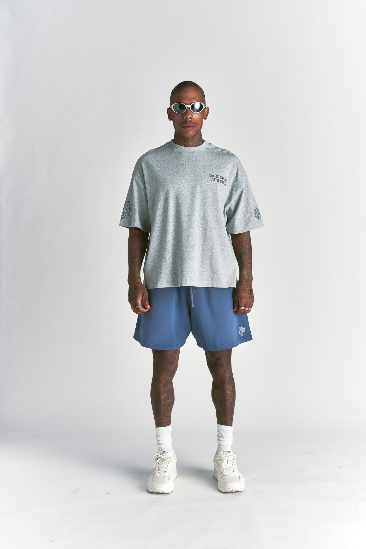 Dual Oversized Post Lounge Sweat Shorts in Washed Denim Sun Fade