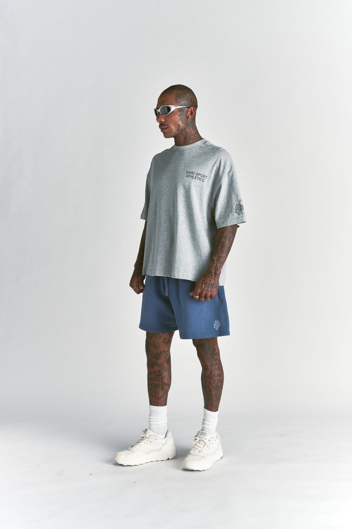 Dual Oversized Post Lounge Sweat Shorts in Washed Denim Sun Fade