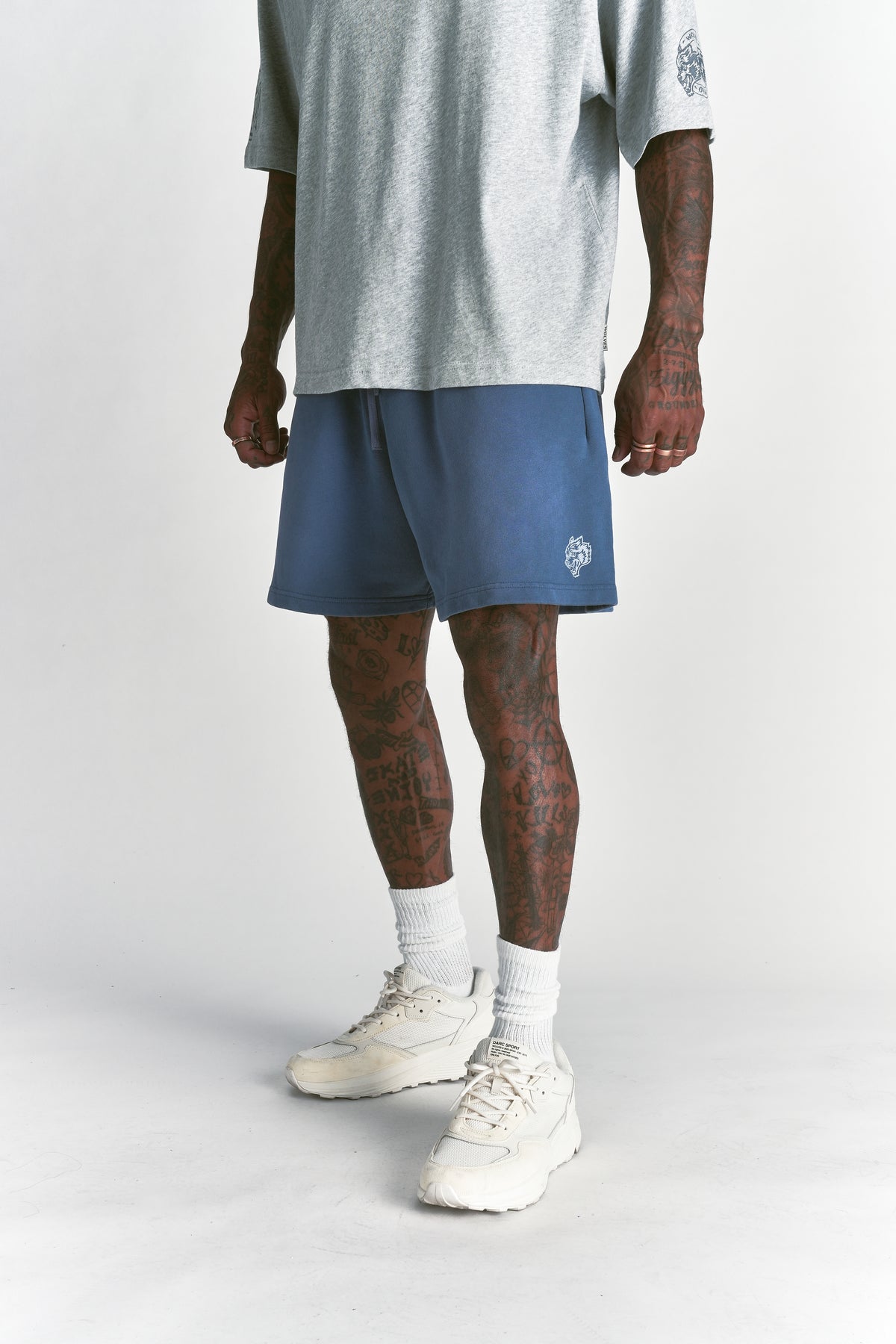 Dual Oversized Post Lounge Sweat Shorts in Washed Denim Sun Fade