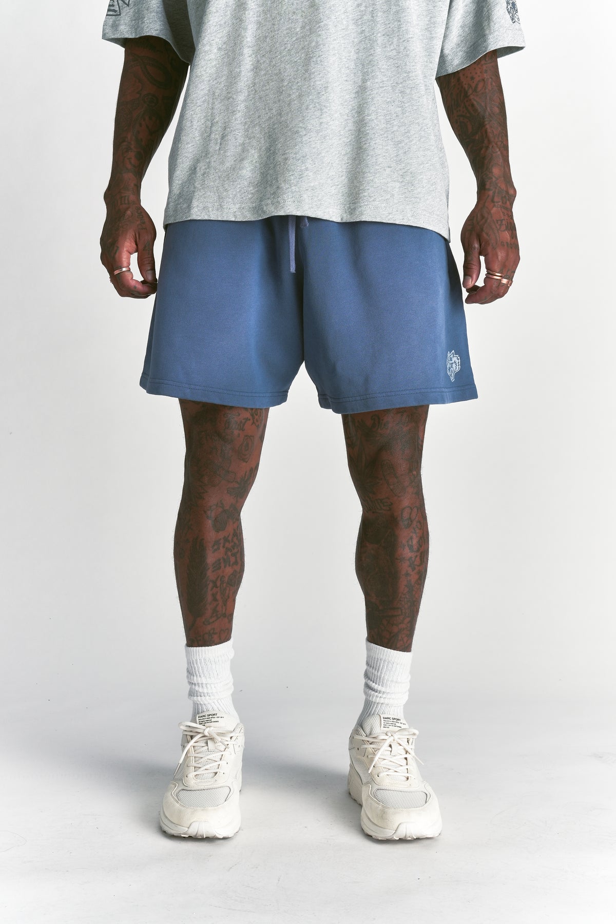 Dual Oversized Post Lounge Sweat Shorts in Washed Denim Sun Fade