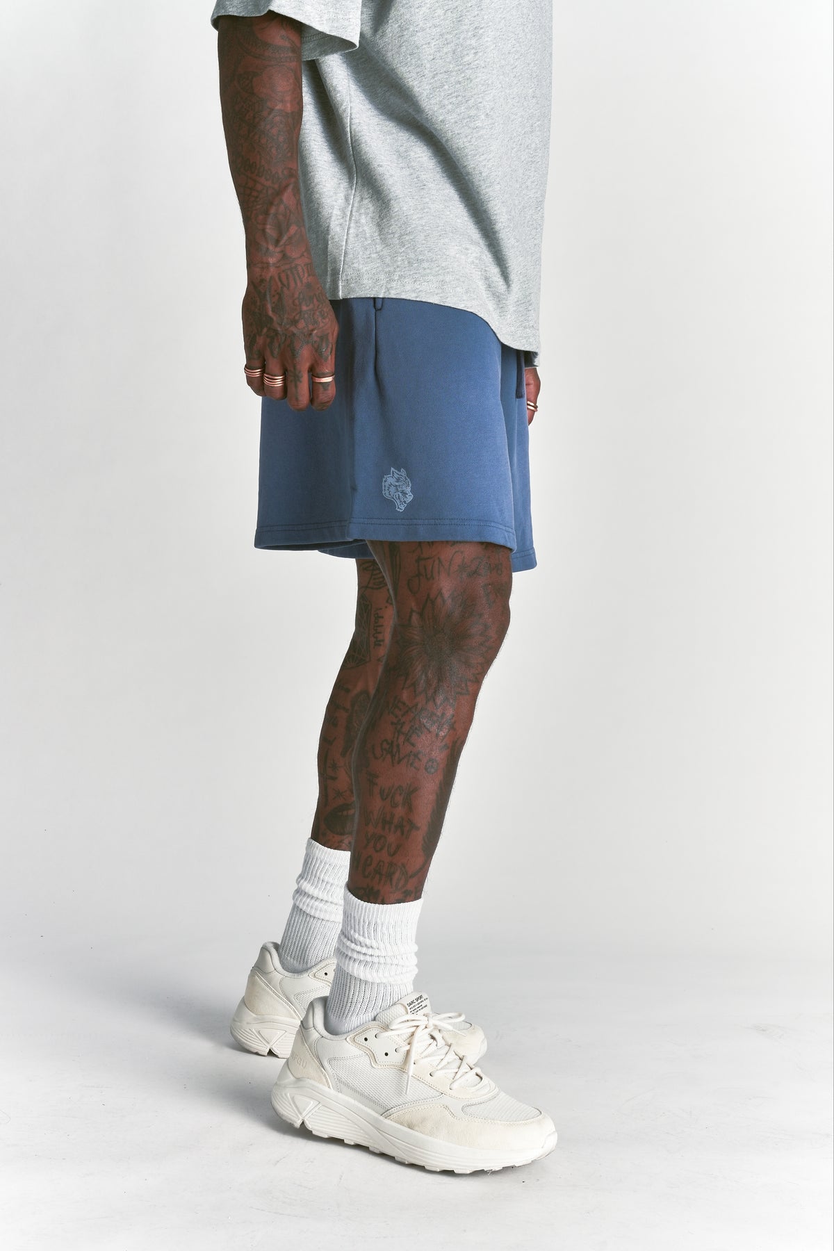 Dual Oversized Post Lounge Sweat Shorts in Washed Denim Sun Fade