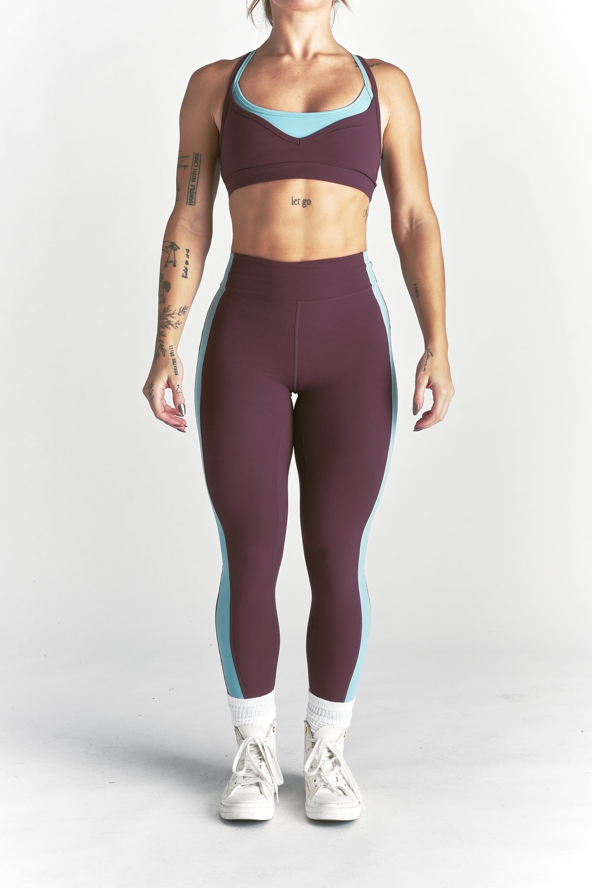Wolf "Celine" Stripe Energy Leggings in Fig/Dusty Turquoise