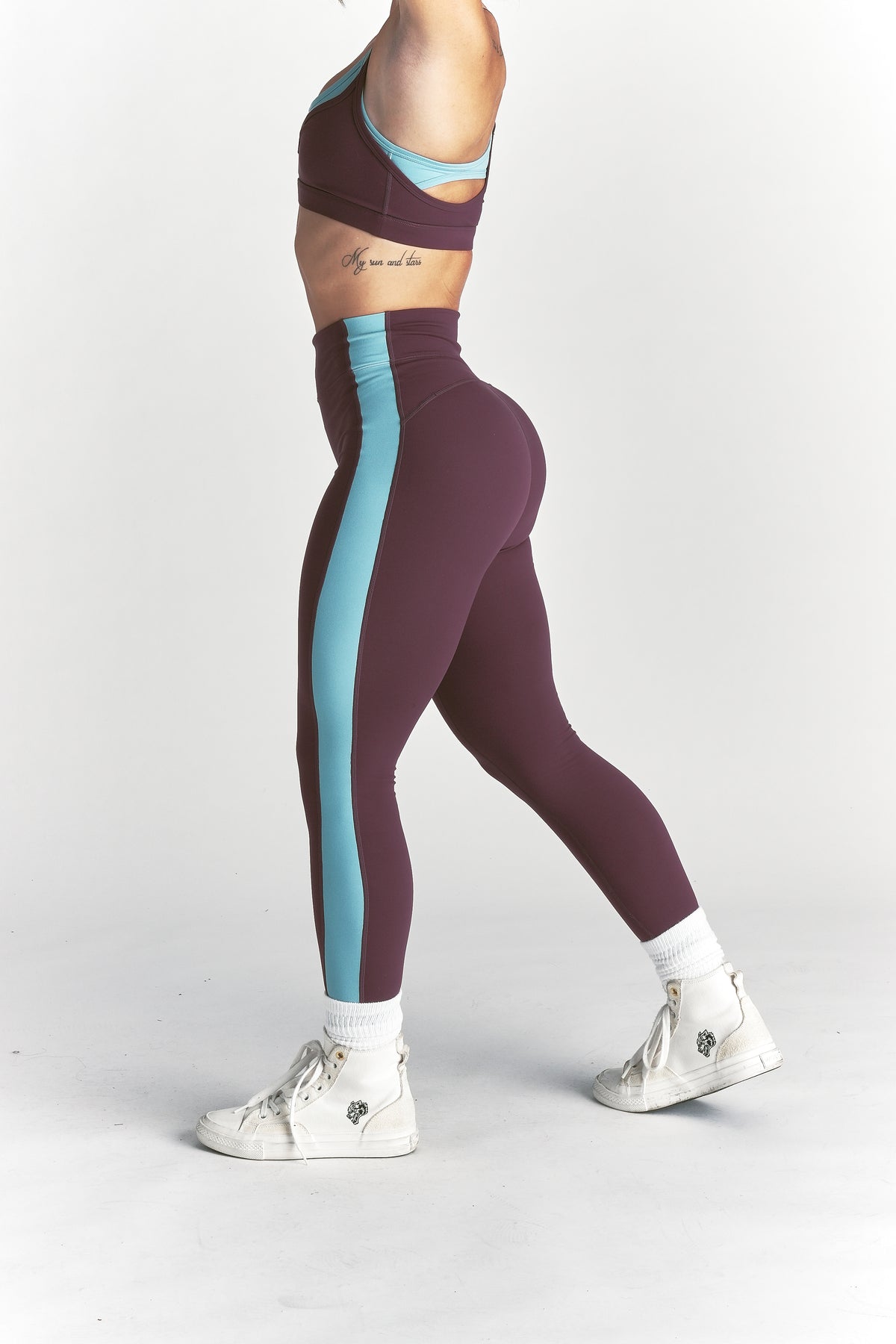 Wolf "Celine" Stripe Energy Leggings in Fig/Dusty Turquoise