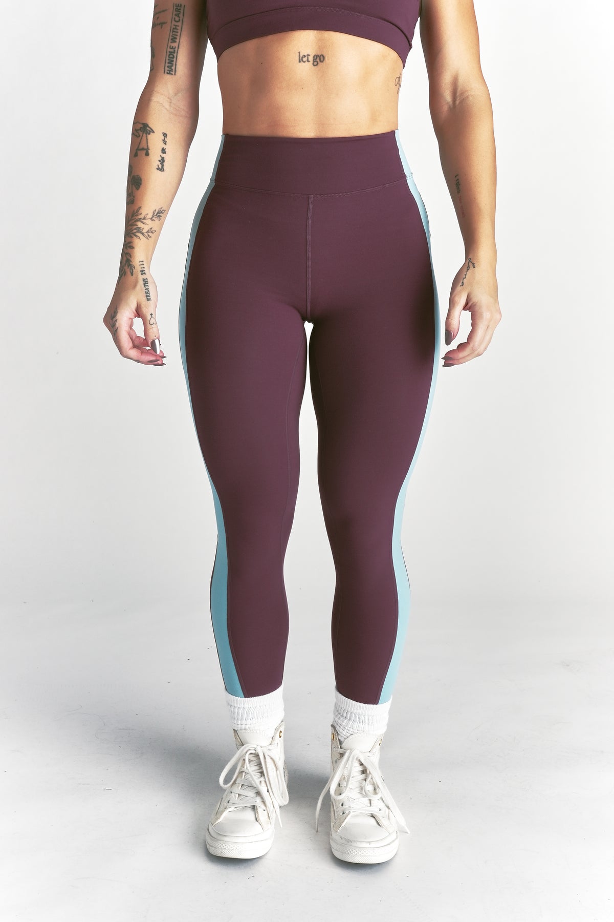 Wolf "Celine" Stripe Energy Leggings in Fig/Dusty Turquoise