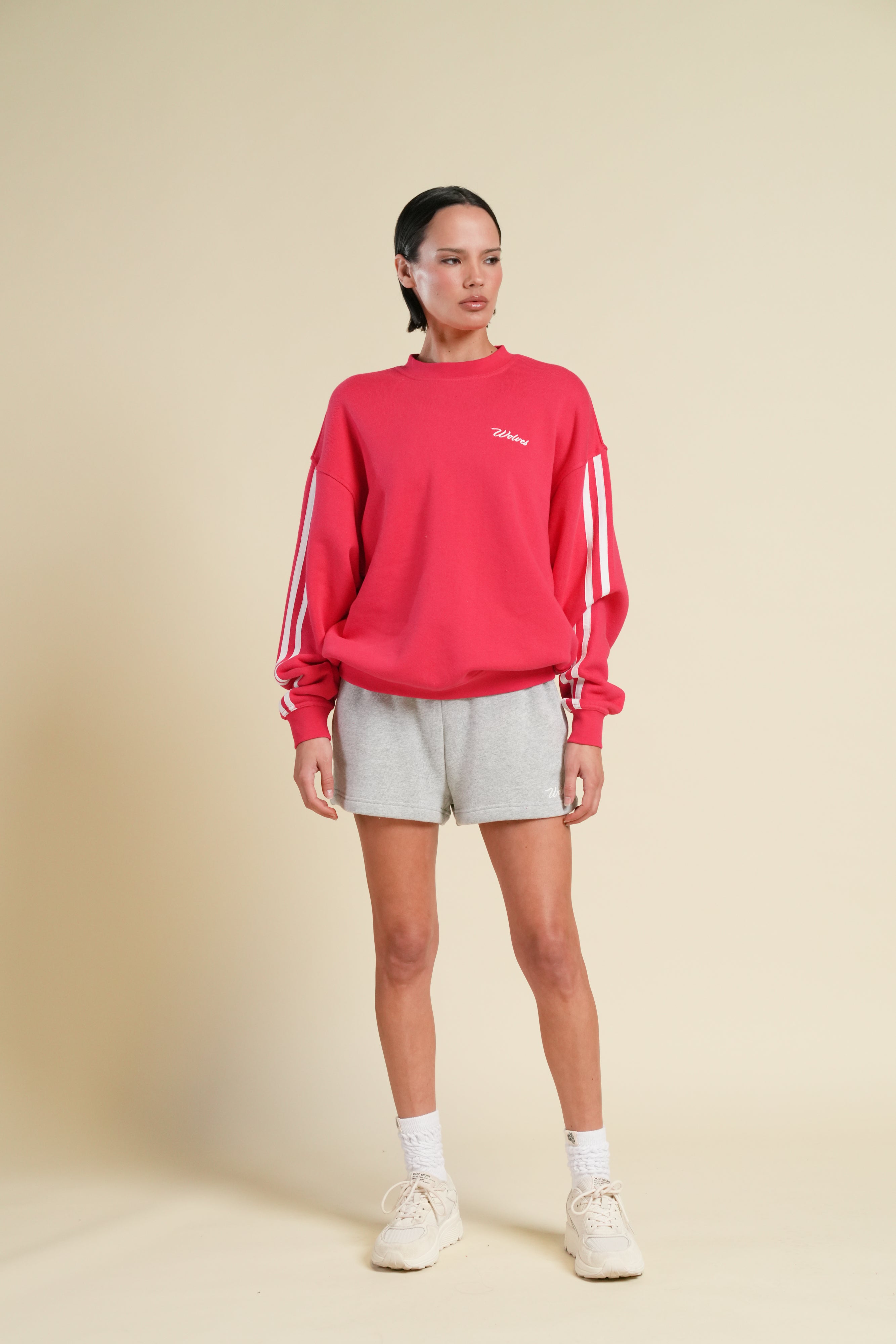 Cursive Wolves Premium Stripe London Crewneck in Cherry