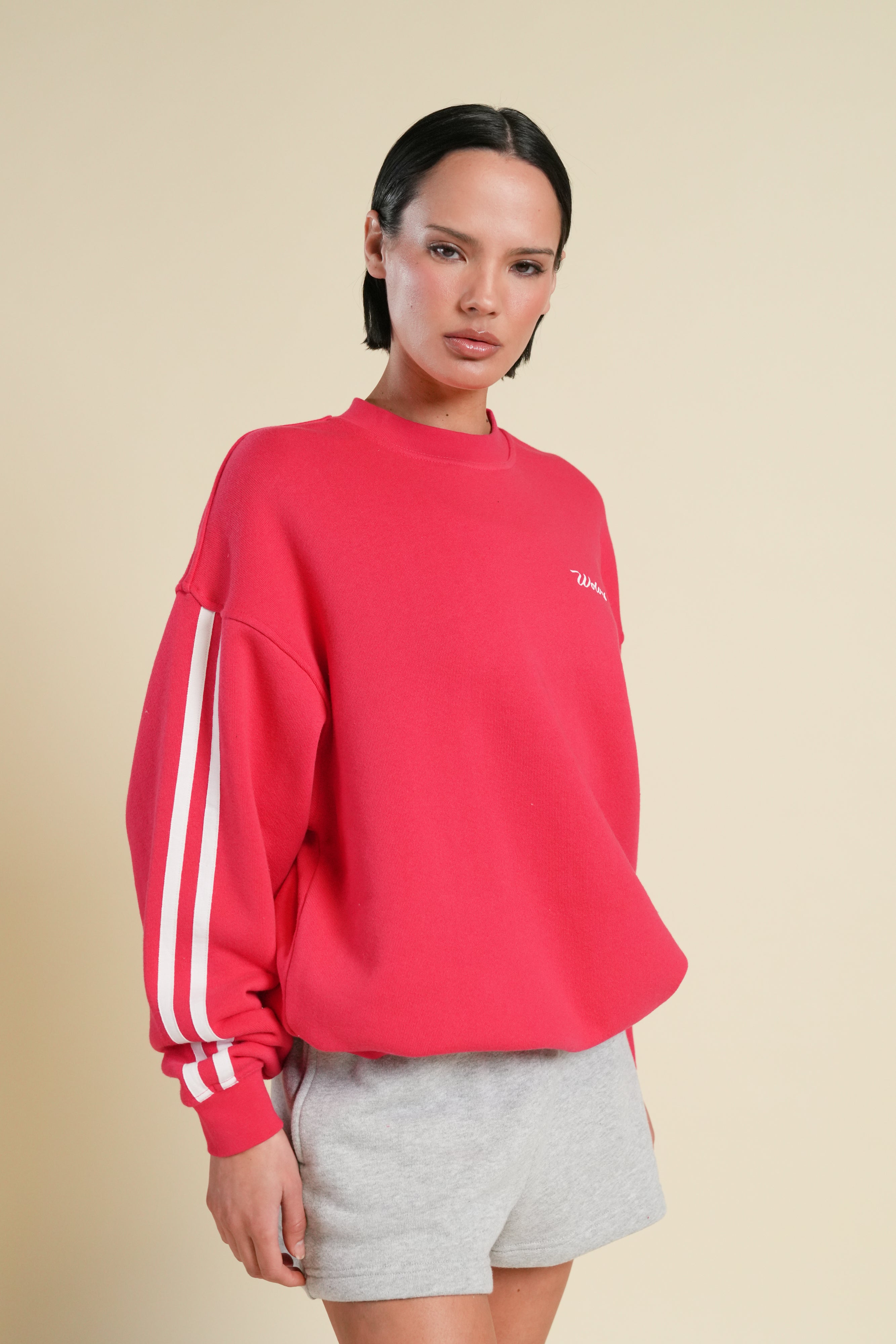 Cursive Wolves Premium Stripe London Crewneck in Cherry