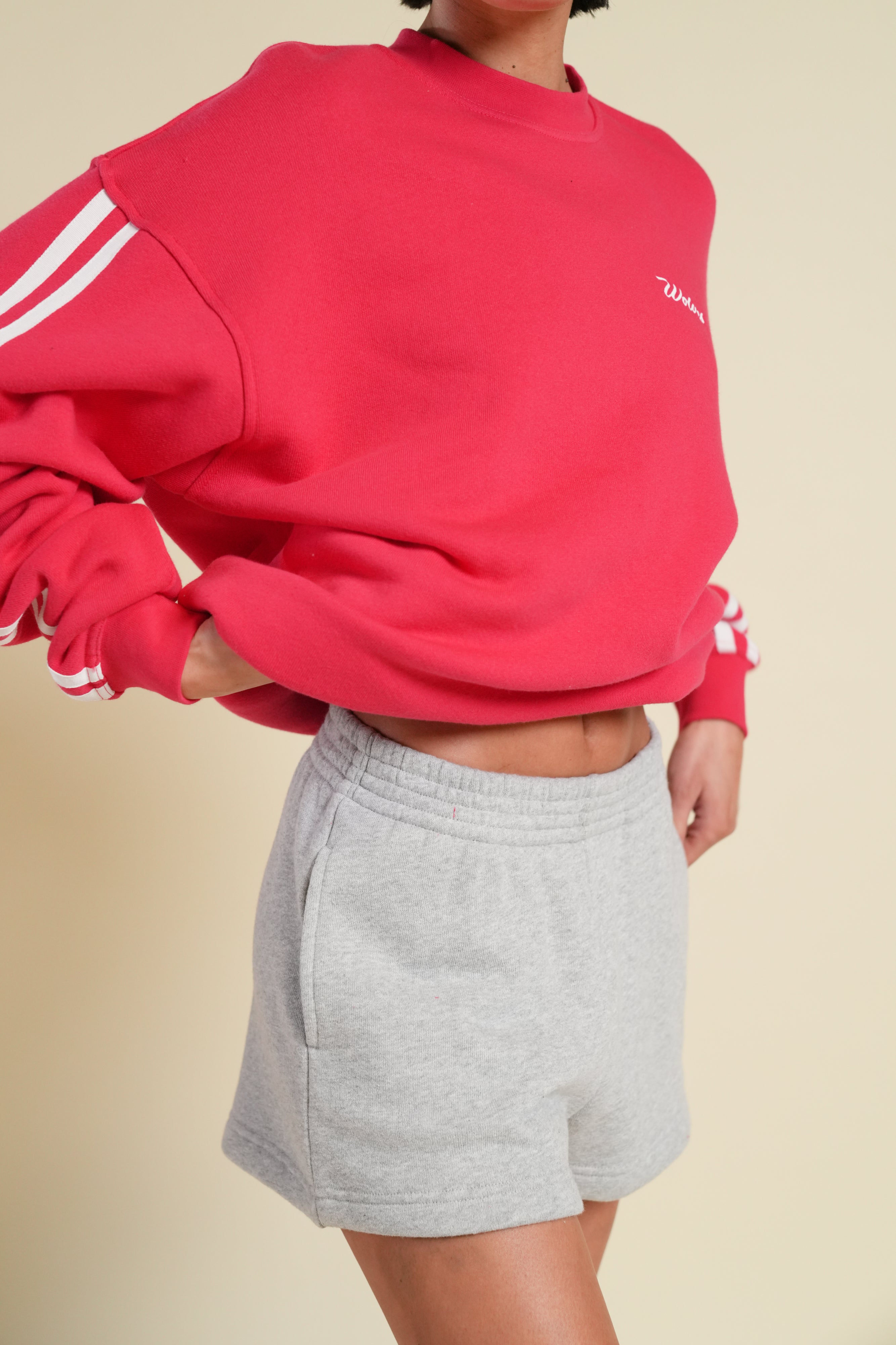 Cursive Wolves Premium Stripe London Crewneck in Cherry