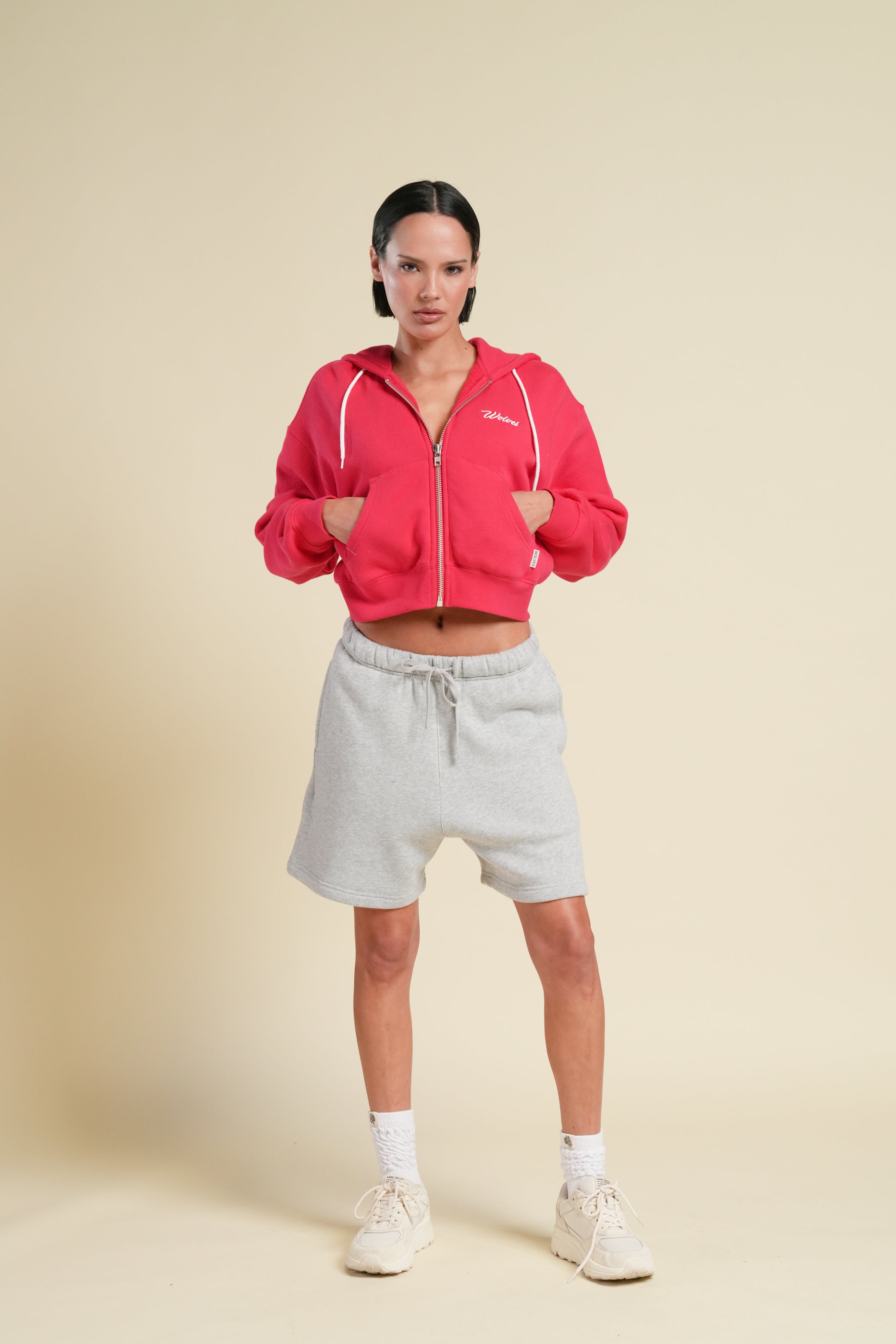 Cursive Wolves "Sage" Cropped Zip Hoodie in Cherry