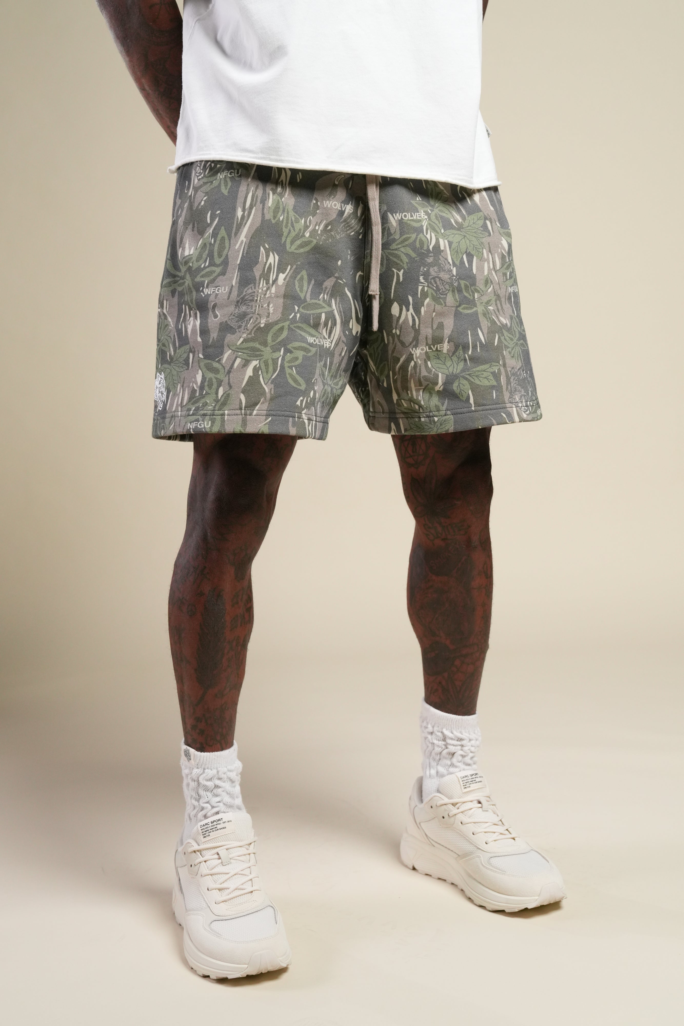 Dual Oversized Post Lounge Sweat Shorts in Norse Camo
