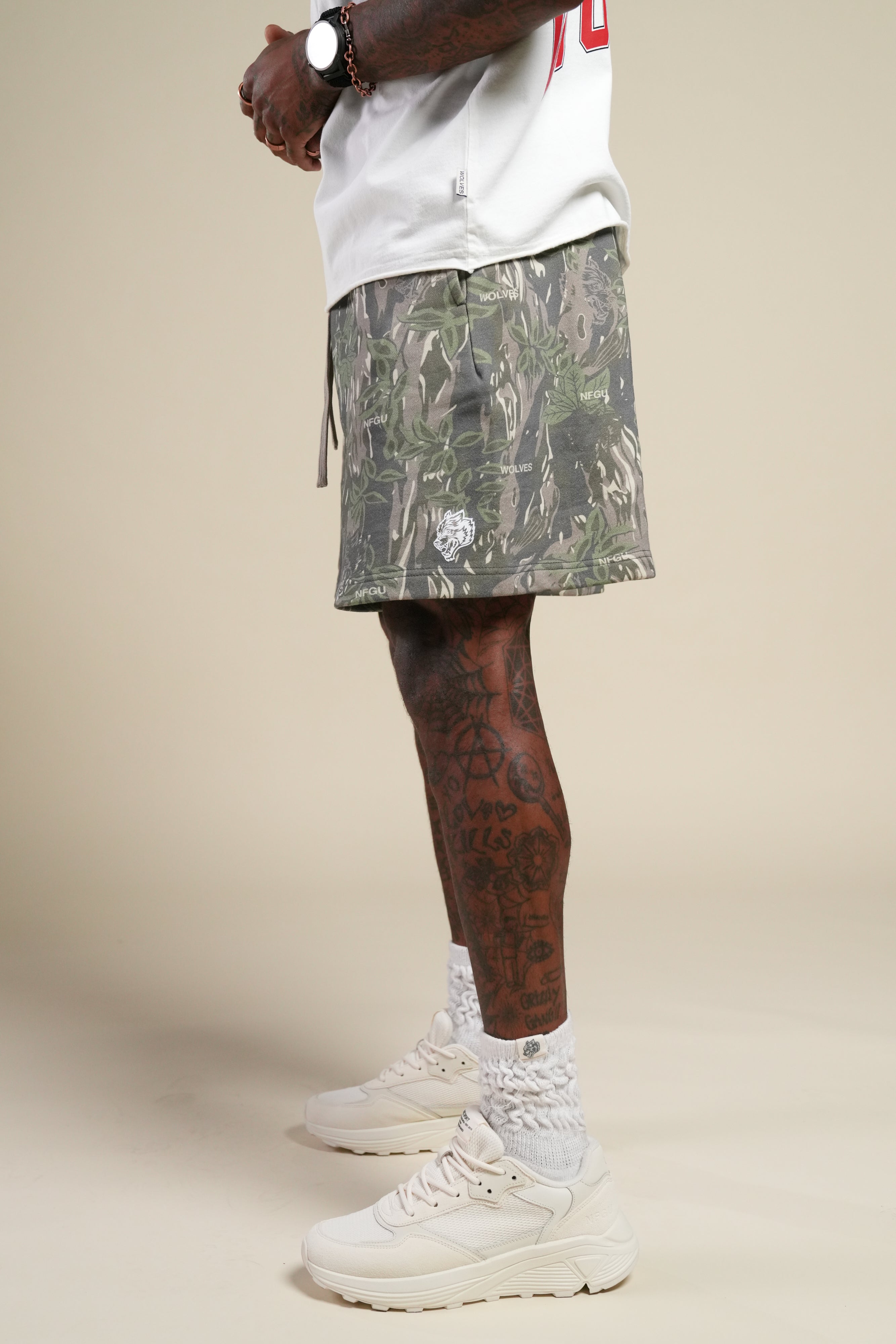 Dual Oversized Post Lounge Sweat Shorts in Norse Camo